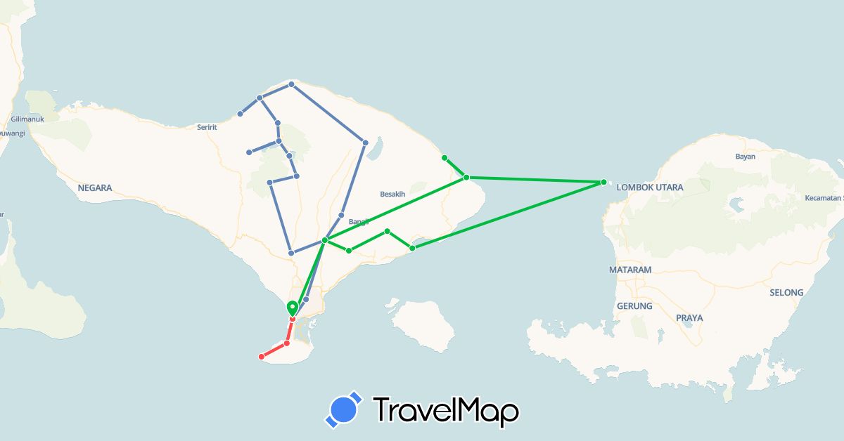 TravelMap itinerary: driving, bus, cycling, hiking in Indonesia (Asia)